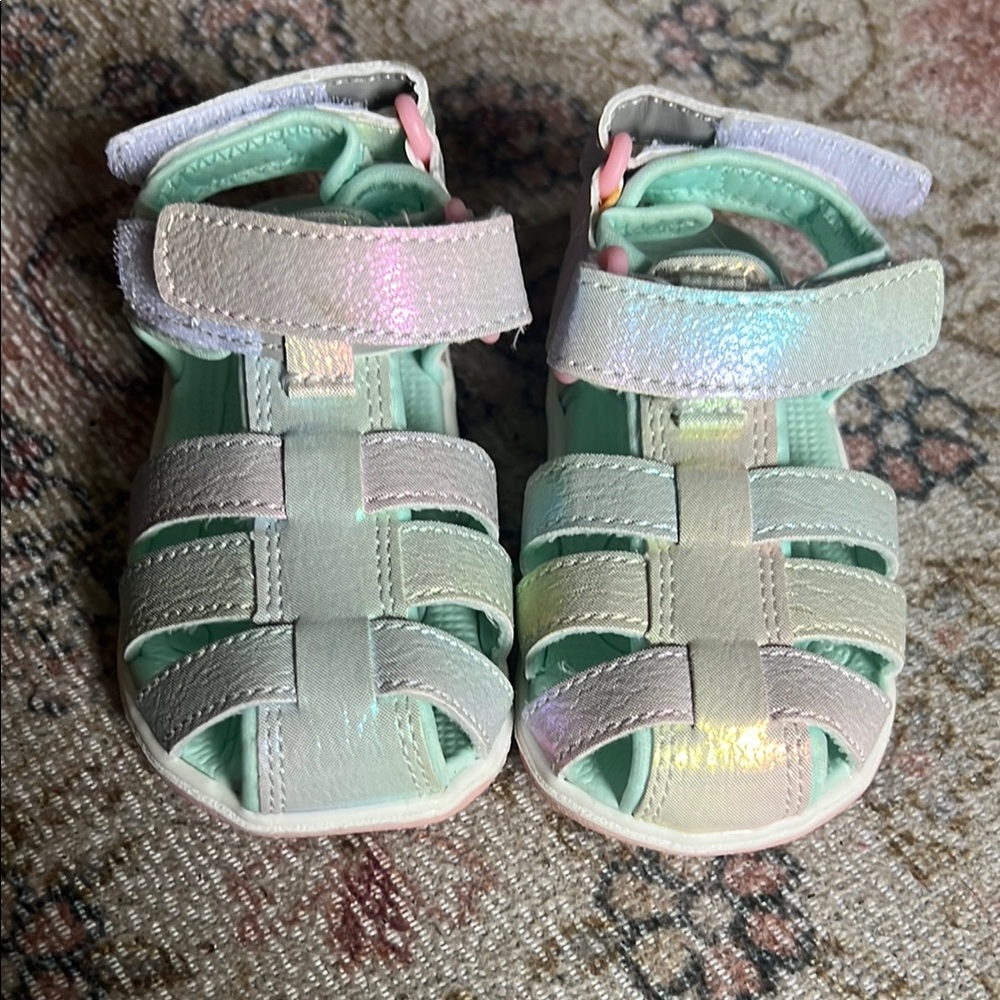See Kai Run Cream and Green Sandals with Velcro Closure